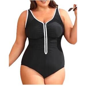 Delimira Swimsuit Womens Plus 22 Black White Zipper Front One Piece NWT